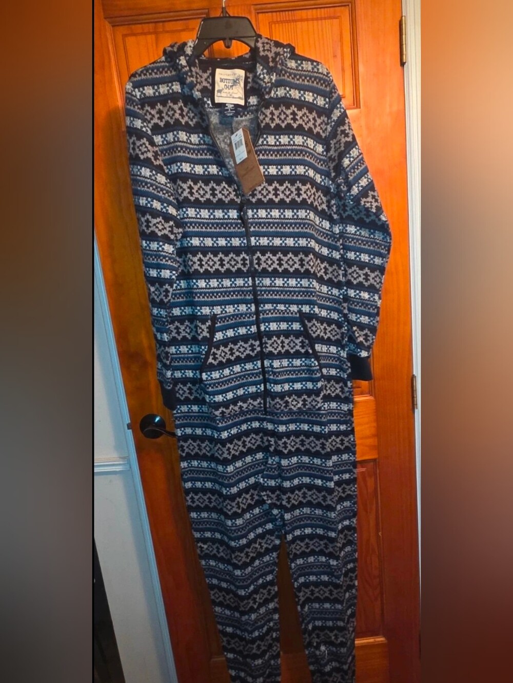 Bottoms Out Women's Fair Isle Sweater Fleece w/ Hoodie Onesie Navy White Large